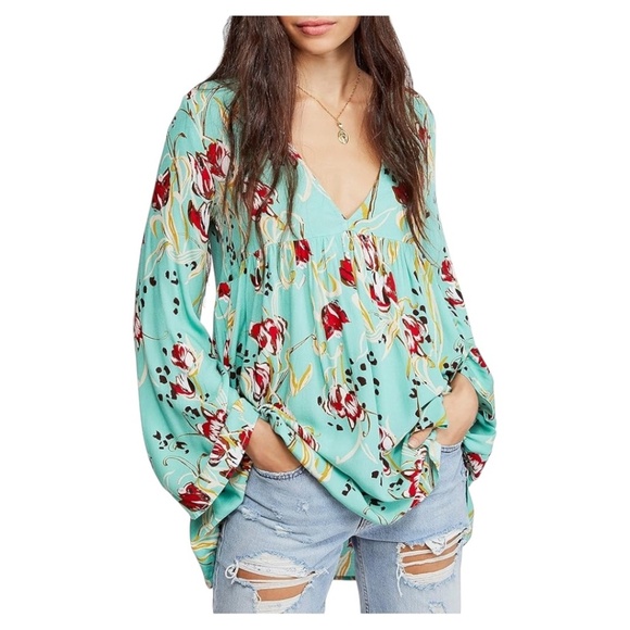 Free People Bella Floral V-Neck Bell Sleeve Tunic Teal Size Small - Picture 1 of 12